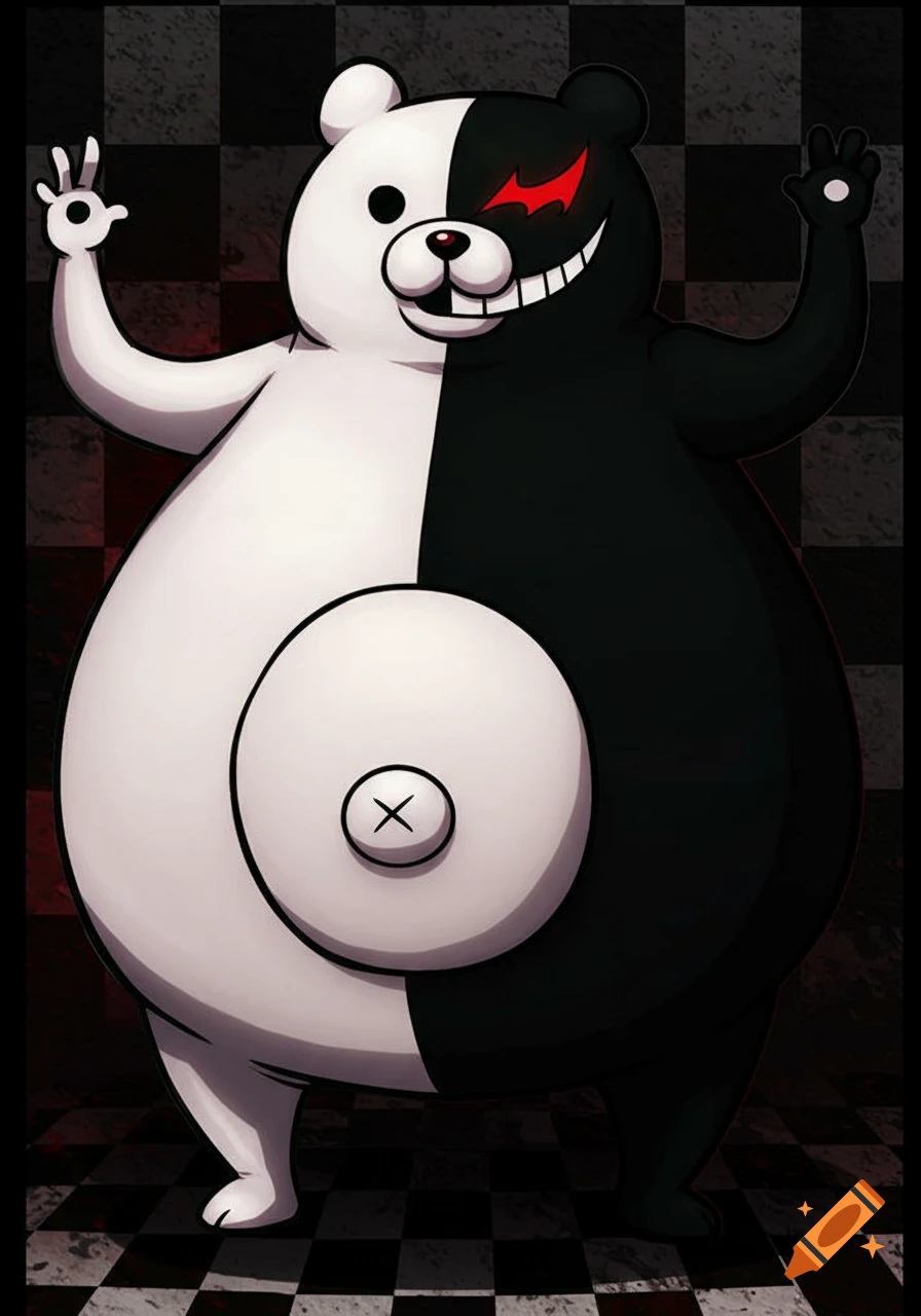 A cartoonish black and white bear character, Monokuma, with a red glowing eye and a large belly, stands against a checkered background.