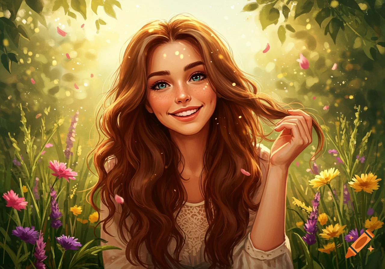 A smiling girl with long brown hair and blue eyes, surrounded by colorful wildflowers in a sunlit field, digital art.