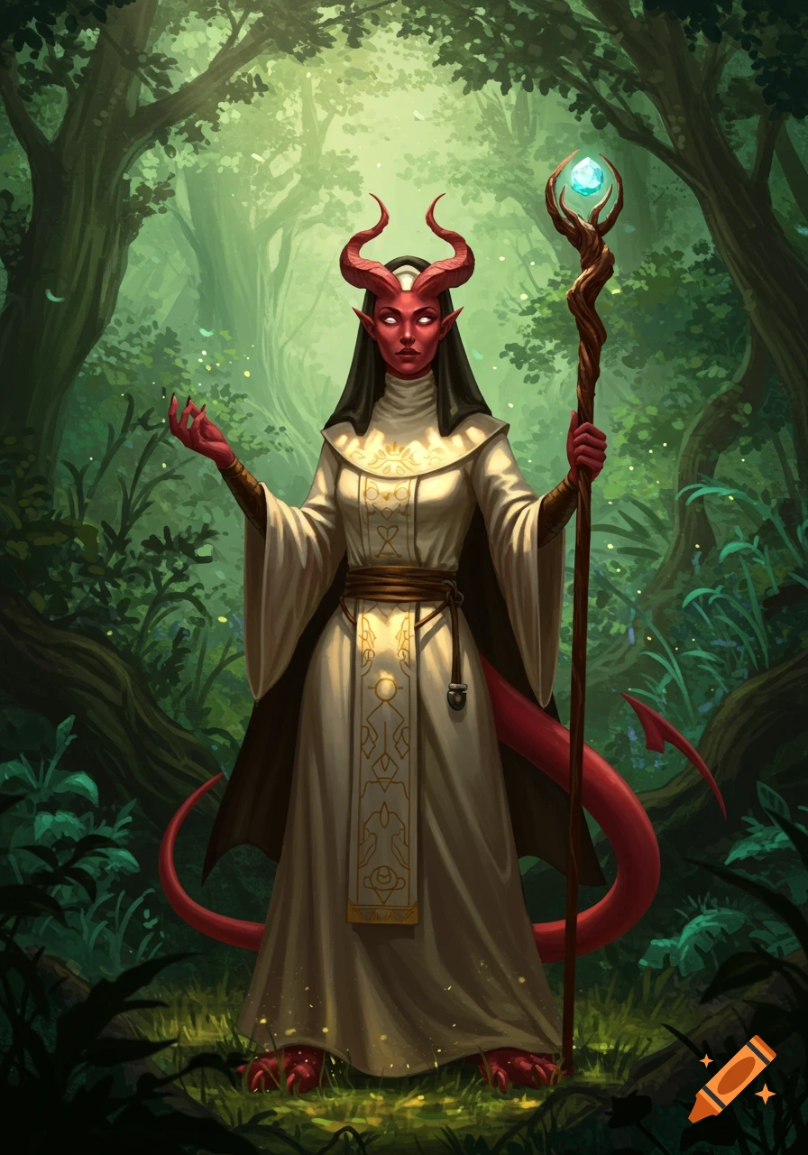 A red-skinned Tiefling nun with horns and tail stands in a dark forest, holding a glowing staff, in a fantasy illustration.