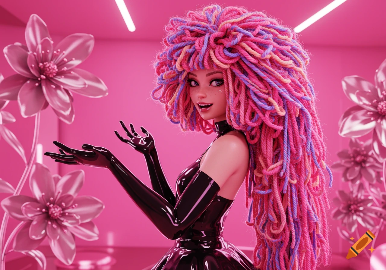 A vibrant 3D rendering of a girl with a large, colorful yarn wig, black latex top and gloves, set against a pink background with large pink flowers.