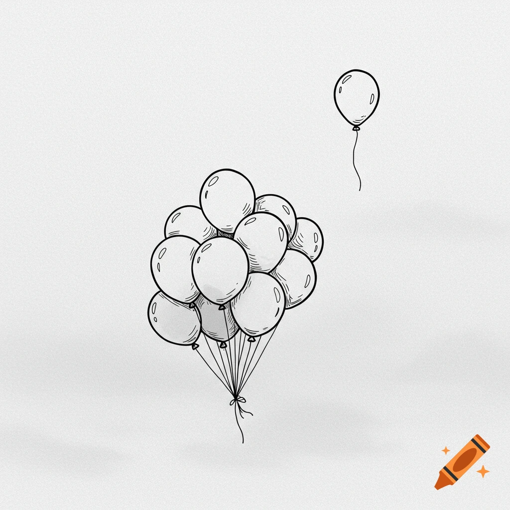 A minimalist black and white sketch of a bunch of balloons with one balloon floating away.