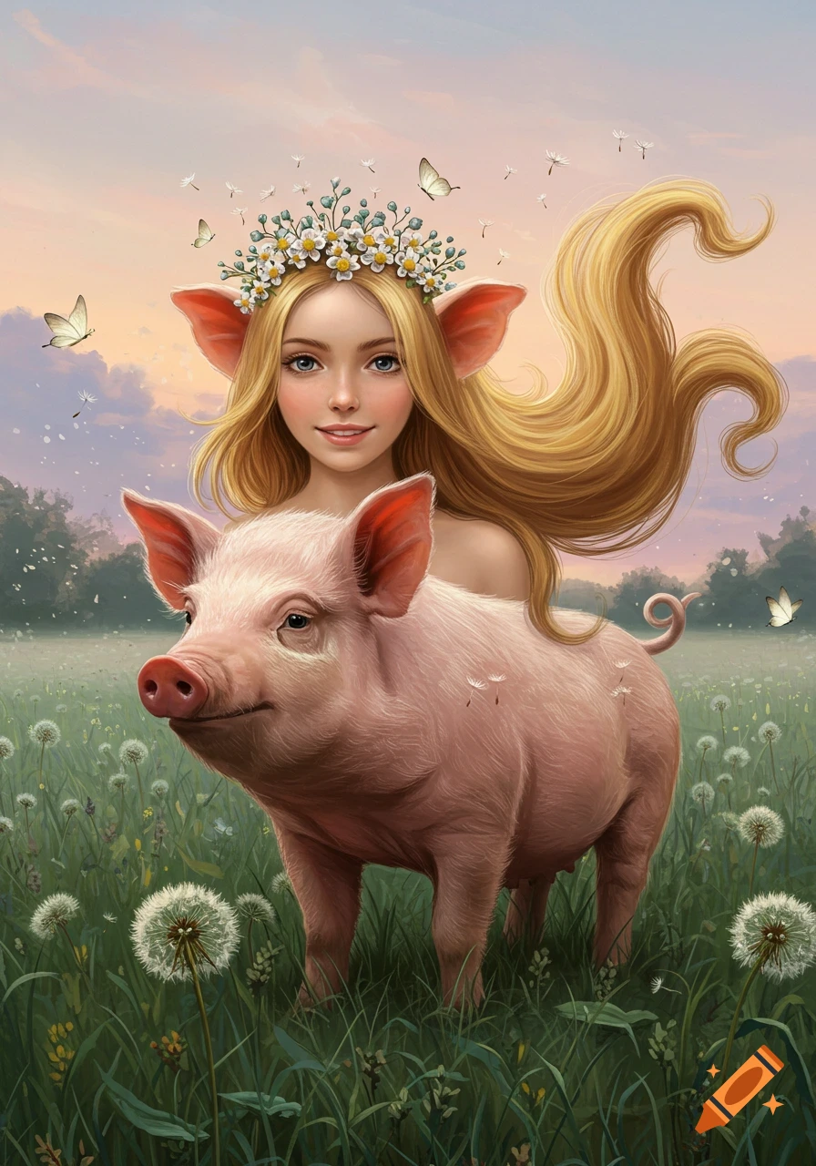 A blonde woman with pig ears and a flower crown transformed into a pig, standing in a field of dandelions.