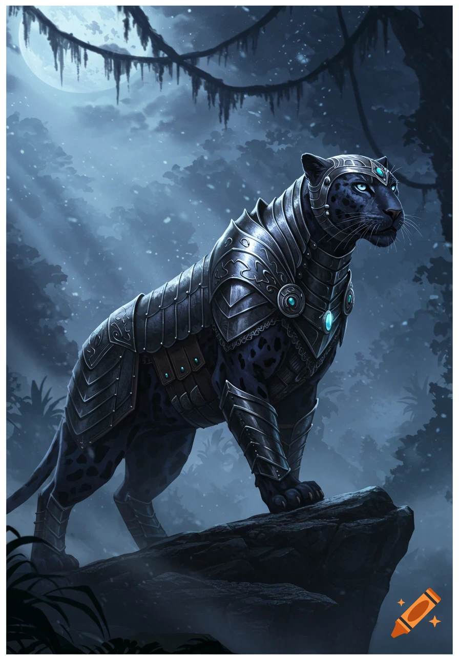 A majestic black panther wearing intricate dark armor with glowing blue gems stands on a rock under a full moon in a misty forest.
