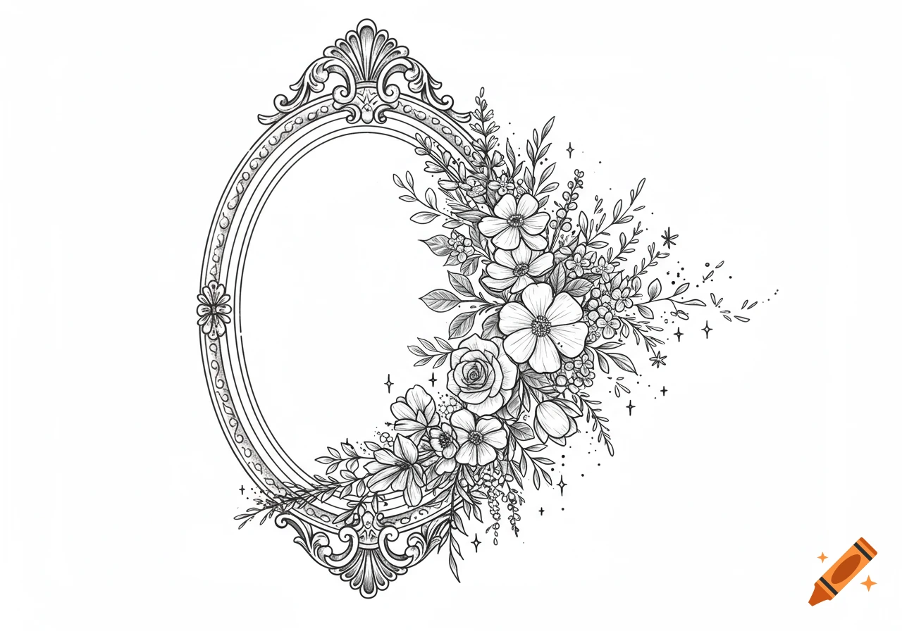 A detailed black and white line art illustration of an ornate oval frame surrounded by a lush bouquet of wildflowers, roses, and leaves, with sparkling elements.