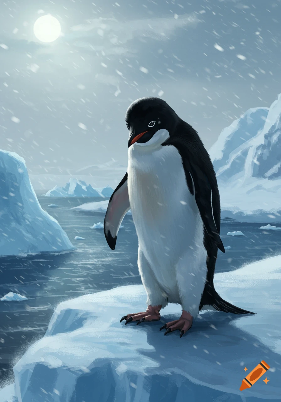 A lone penguin stands on an ice floe in a snowy, icy arctic landscape under a bright moon, digital painting.