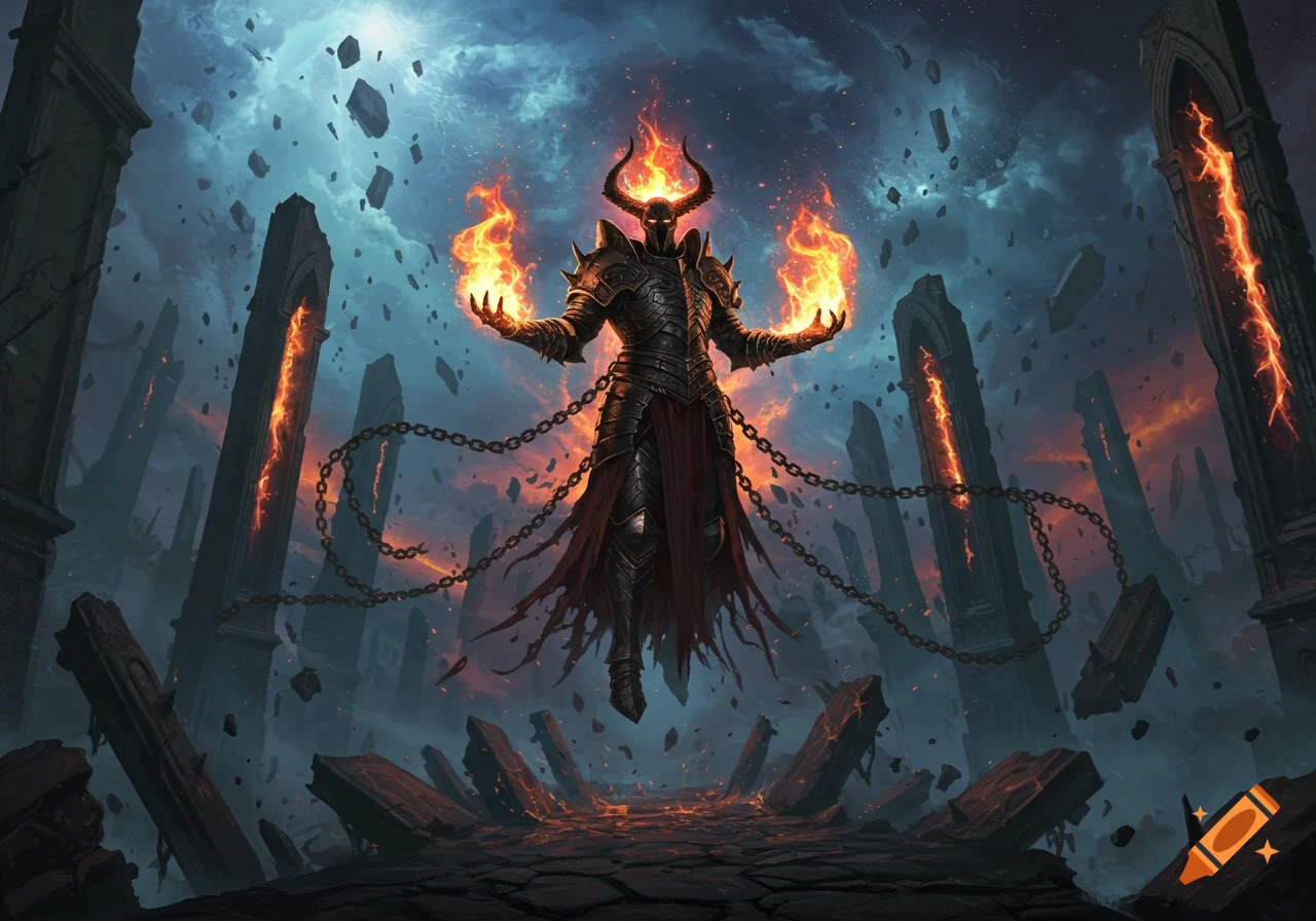 A horned armored figure floats amidst cosmic ruins, radiating fire and wrapped in chains, in a dark fantasy art style.