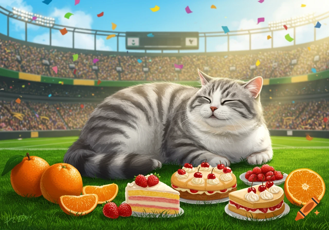 A fluffy grey and white tabby cat smiles with closed eyes, lying on the green grass of a football stadium, surrounded by oranges, strawberries, and cakes, with colorful confetti falling.