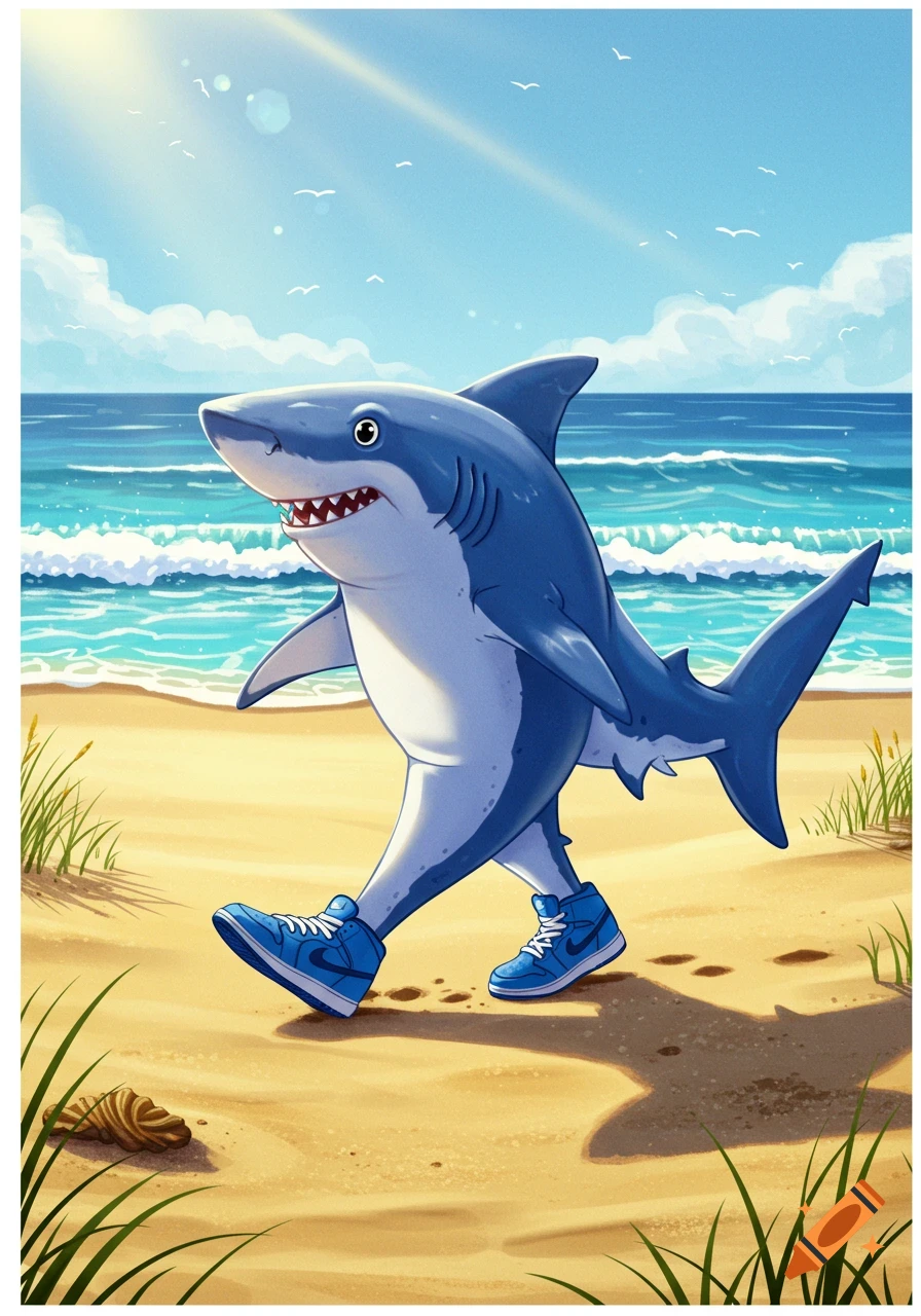A cartoon shark wearing blue sneakers walks along a sandy beach with ocean waves in the background under a sunny sky.