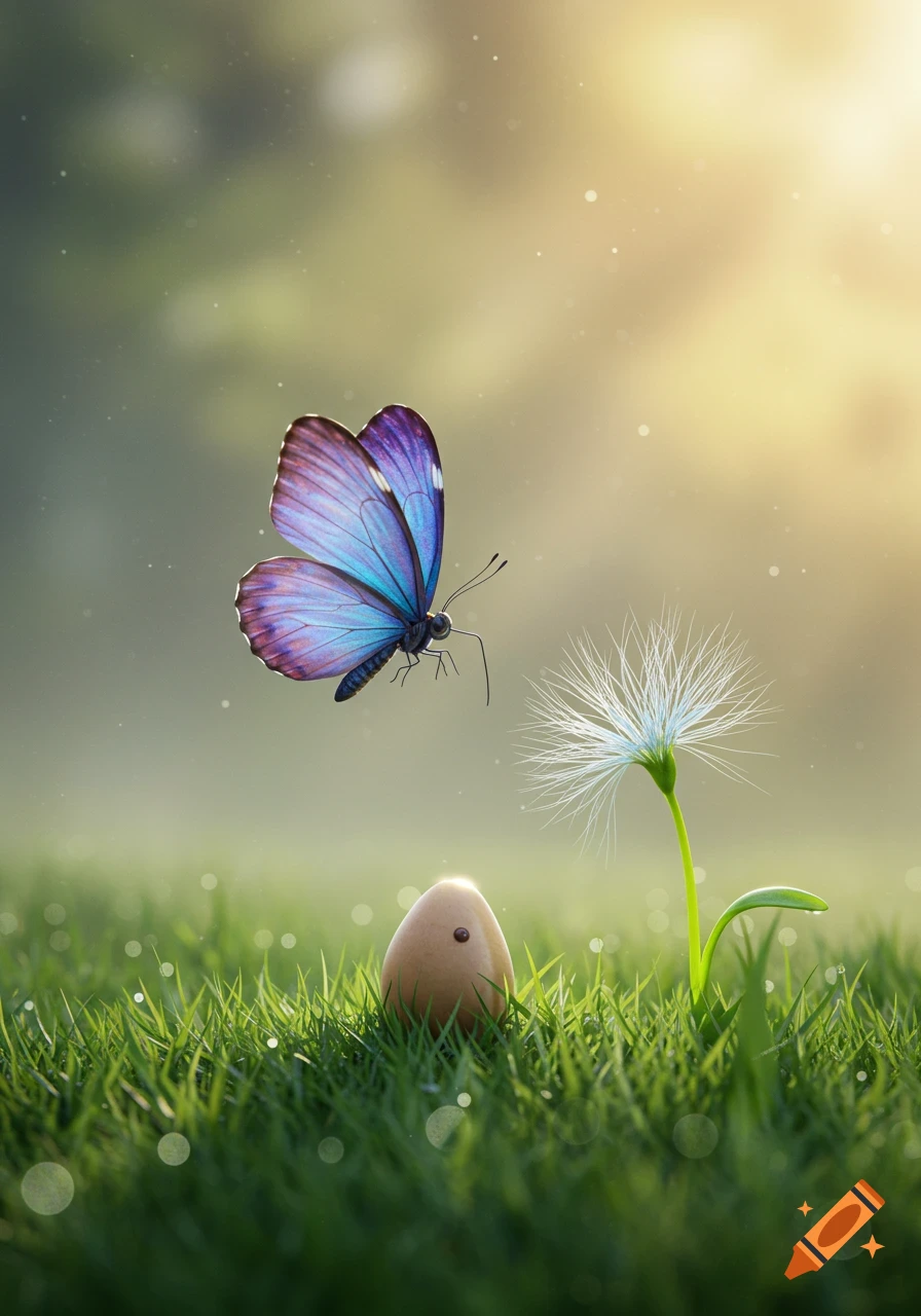 A vibrant blue and purple butterfly hovers above a small egg with a face and a white dandelion-like plant in a sunlit grassy field.