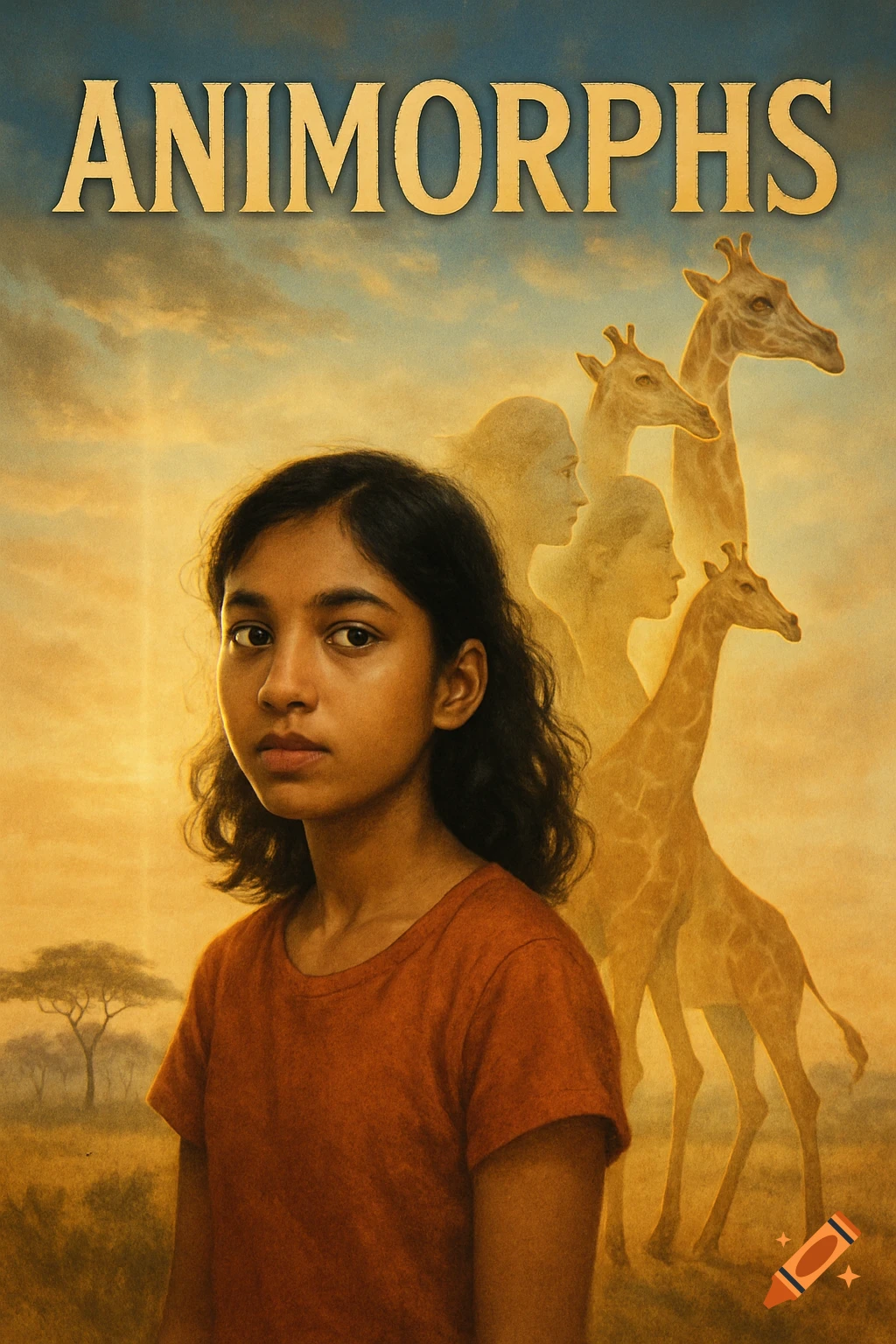 A young girl with dark hair stares forward, with translucent figures of women morphing into giraffes behind her, under the title 'ANIMORPHS' at sunset.