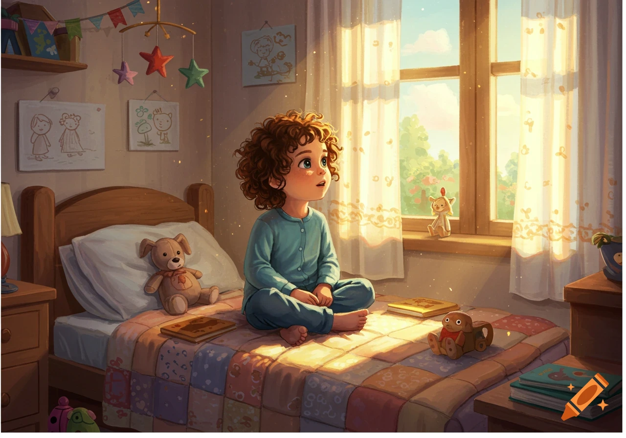 Illustrated scene of a curly-haired child sitting on a patchwork bed in a sunlit room with toys and books.