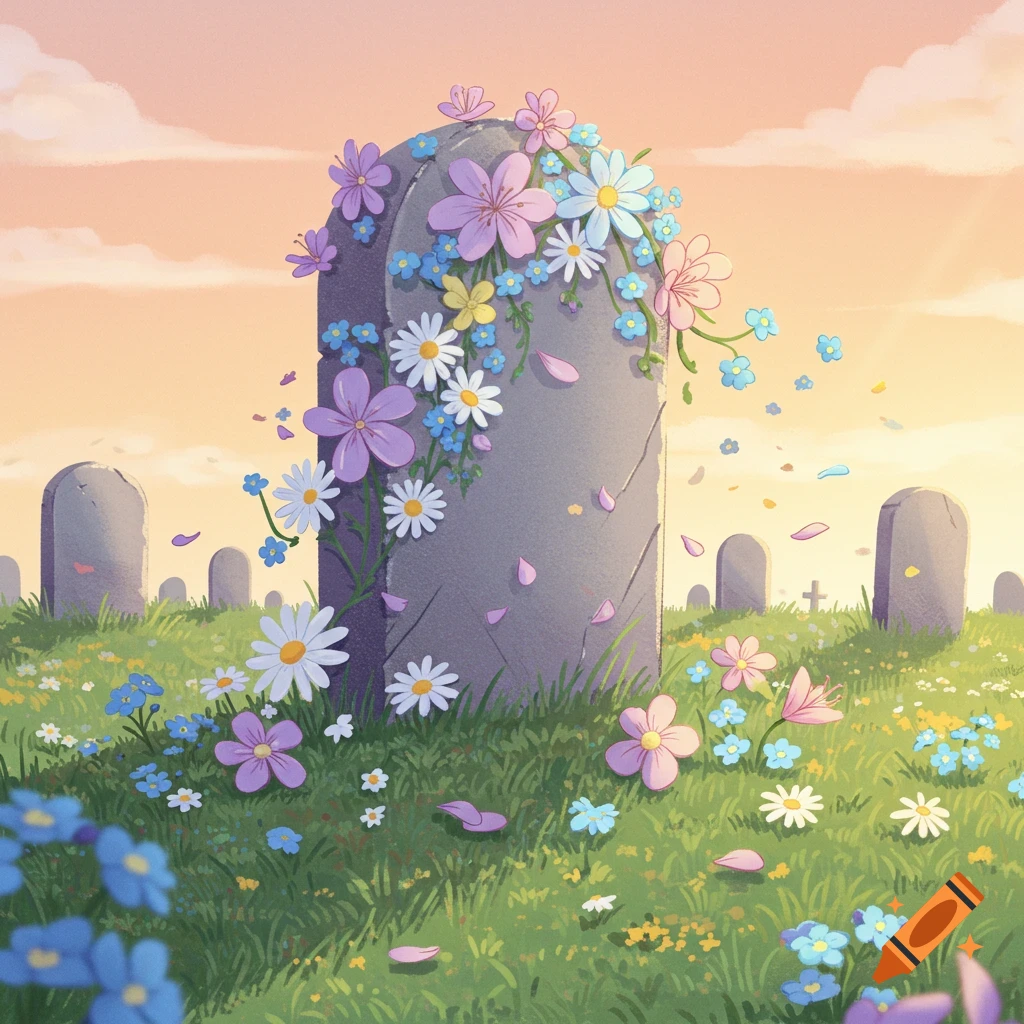 A whimsical illustration of a cemetery with a large gravestone adorned with colorful flowers, surrounded by a field of green grass and more flowers under a pastel sky.