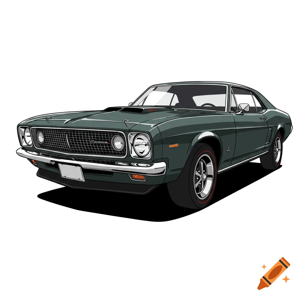 Dark green vintage American muscle car vector illustration, isolated on a white background.