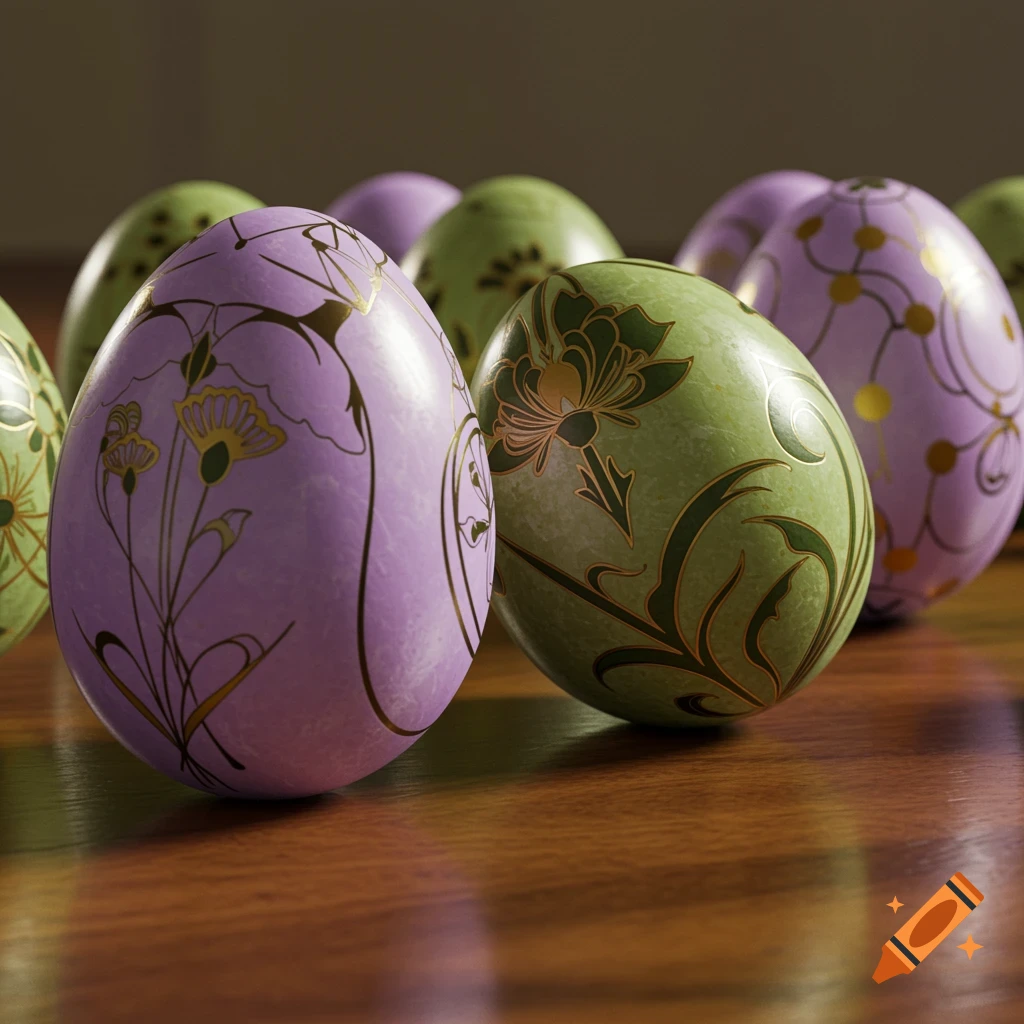 Decorated Easter eggs in purple and green with gold Art Nouveau-style floral patterns on a wooden surface.