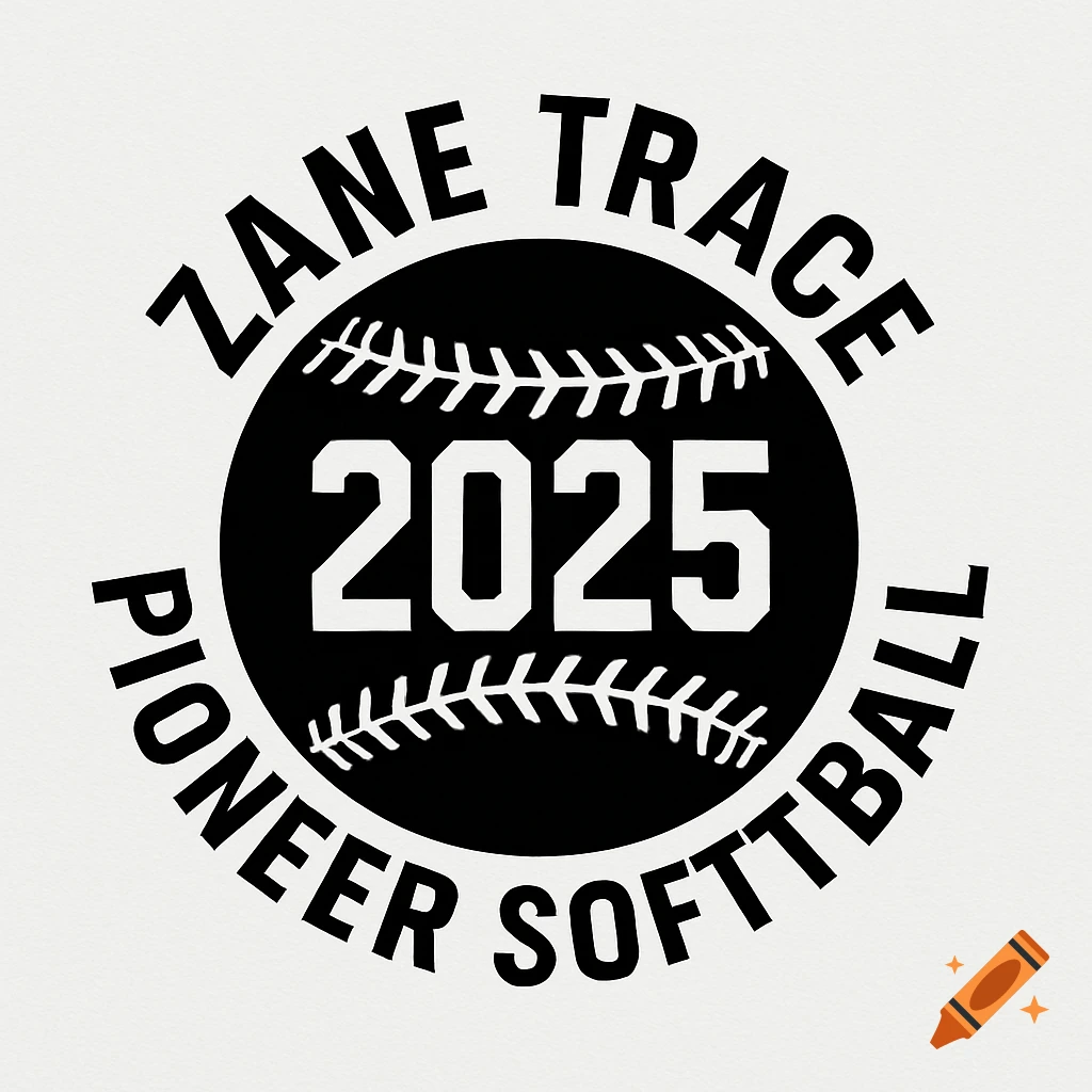 A black and white logo featuring "2025" inside a softball, circled by "ZANE TRACE PIONEER SOFTTBALL" text.