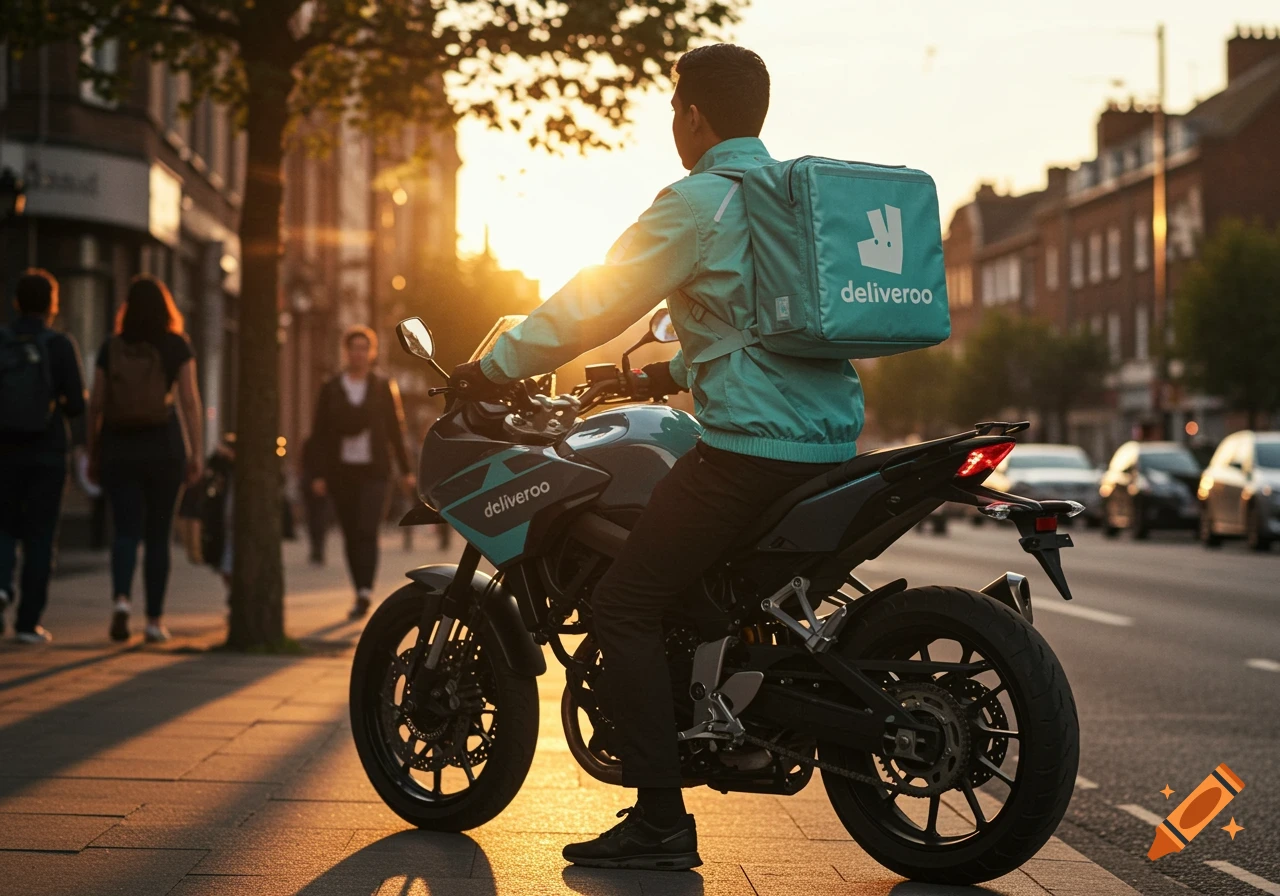 A delivery driver on a Deliveroo motorcycle on a city street at sunset, seen from behind.