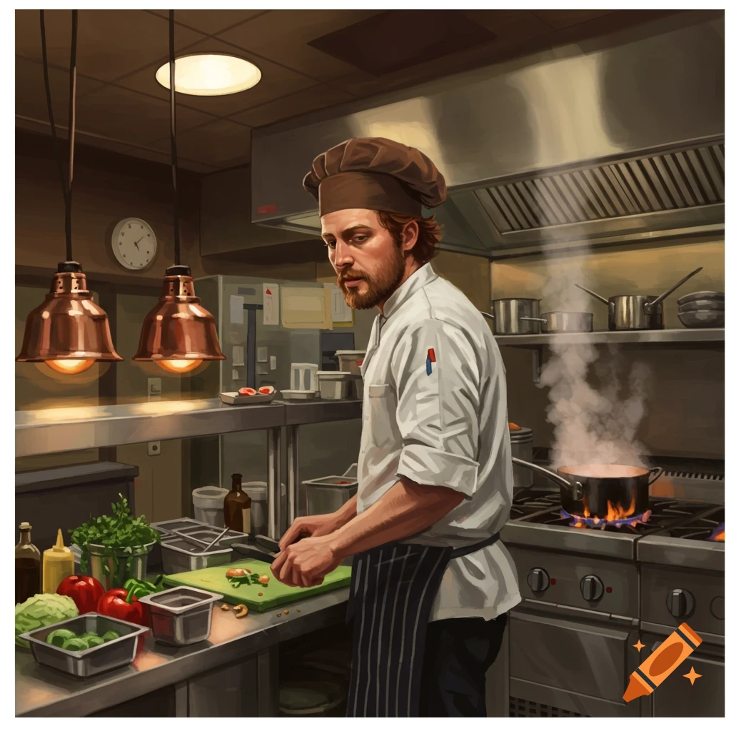 A bearded chef in a brown hat and white uniform chops vegetables on a counter in a busy restaurant kitchen with a pot steaming on the stove.