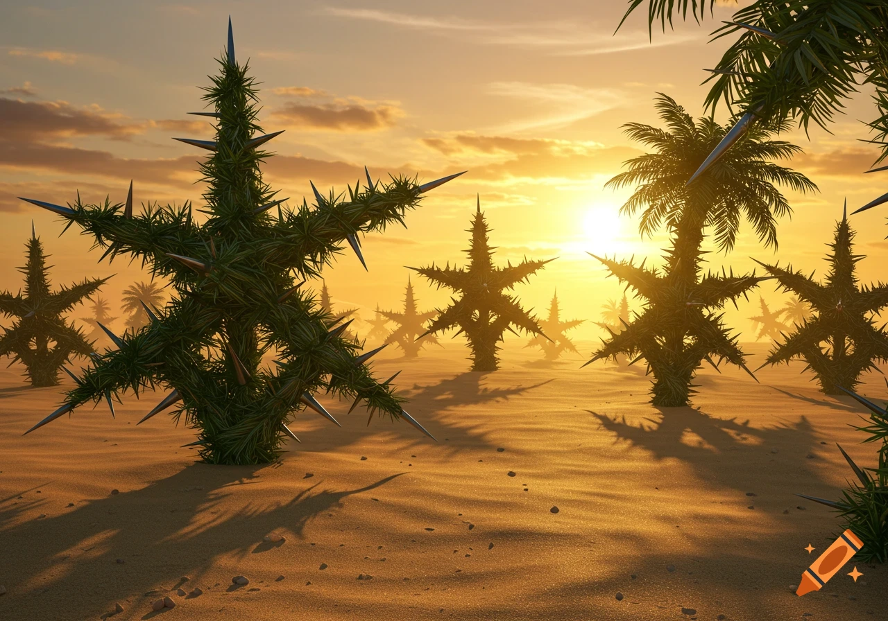 Desert landscape at sunset with large, spiky, star-shaped plants made of greenery, resembling caltrops, and distant palm trees.