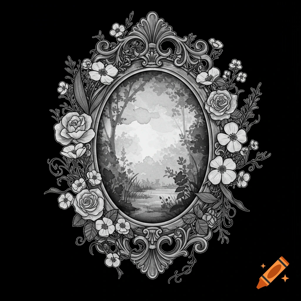 Black and white gothic oval frame with ornate floral accents, enclosing a watercolor-style forest and pond scene.
