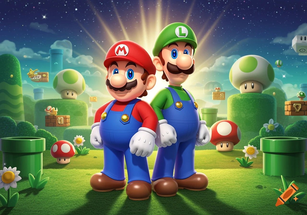 Mario and Luigi stand side-by-side in a vibrant, starry Super Mario Bros. landscape.