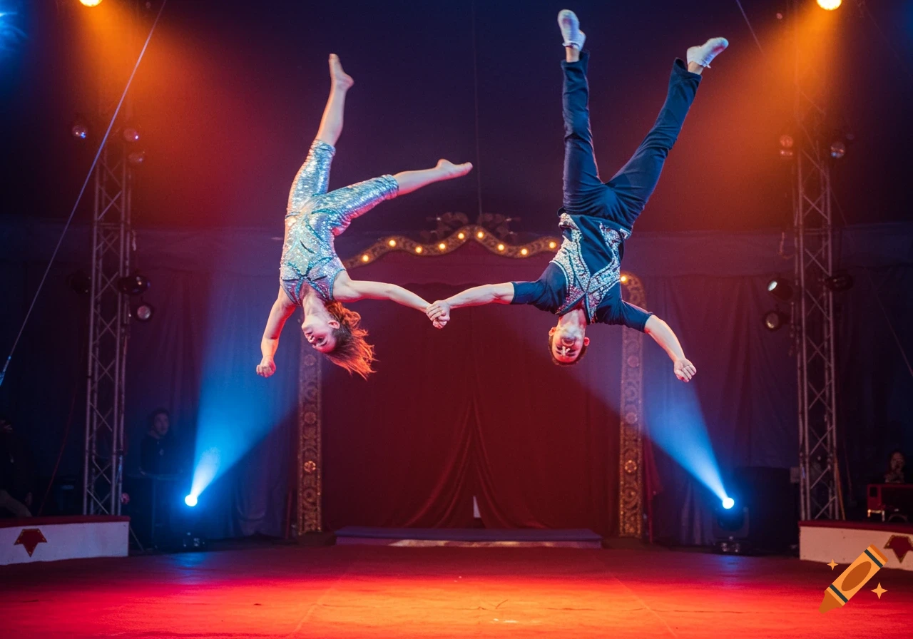 Two acrobats, a man and a woman, are suspended upside down holding hands in a spotlighted circus tent. Photorealistic.