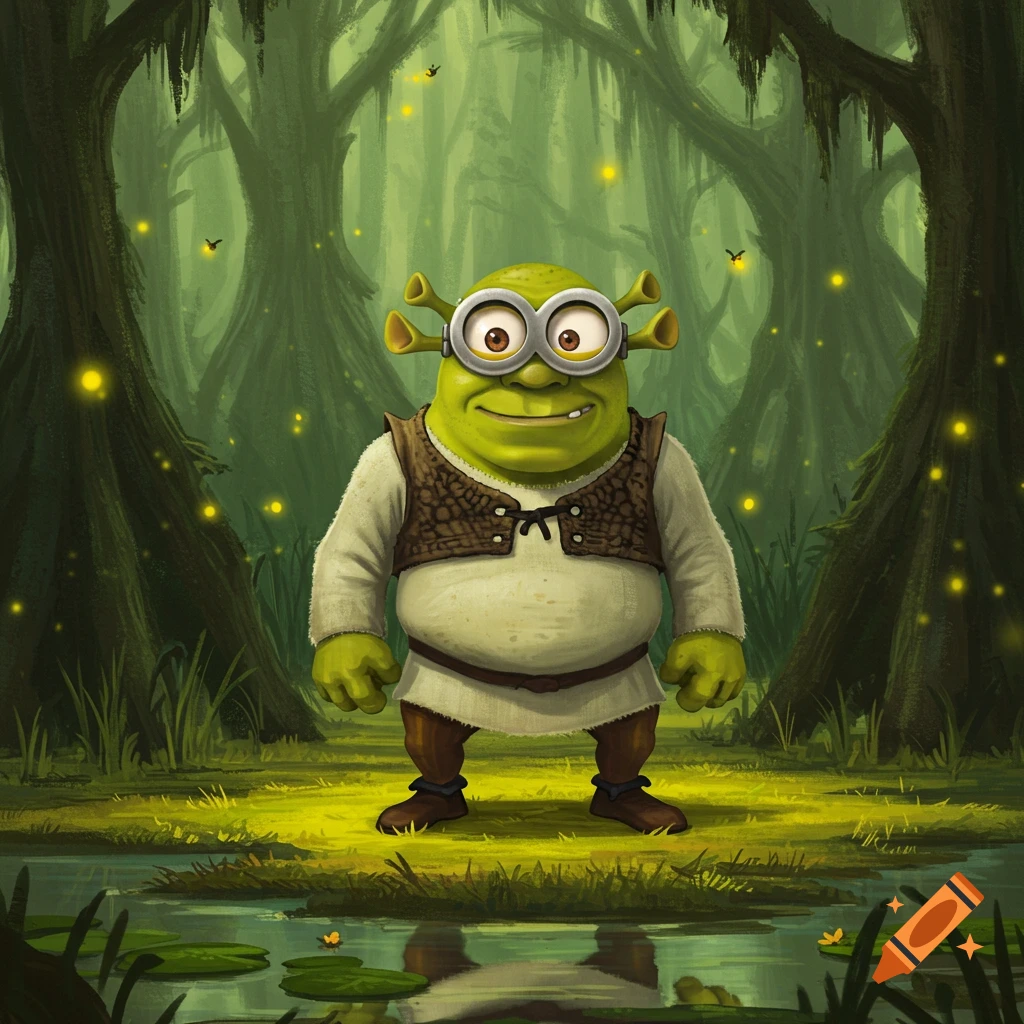 Cartoon Shrek character with Minion goggles standing in a green swampy forest with fireflies.