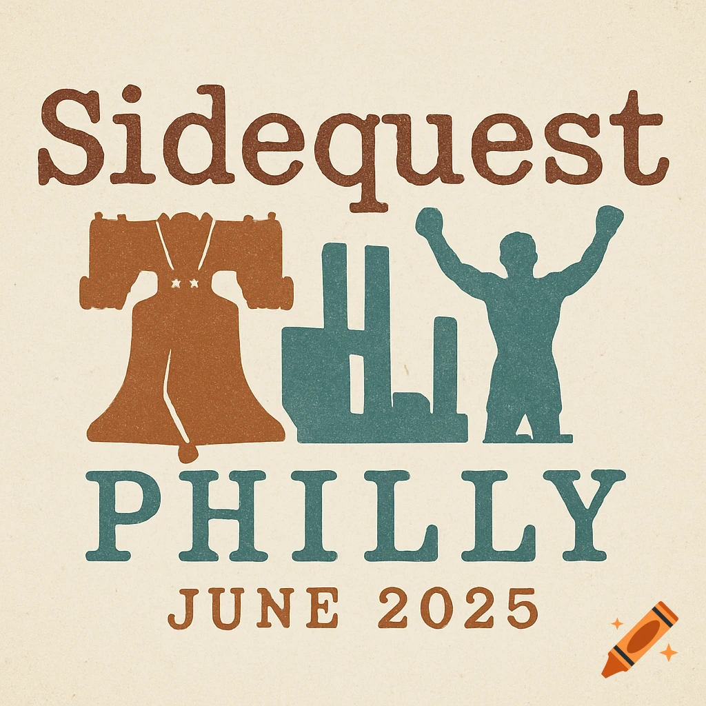 Vintage logo for 'Sidequest Philly June 2025' with Liberty Bell, skyline, and Rocky Balboa silhouette.
