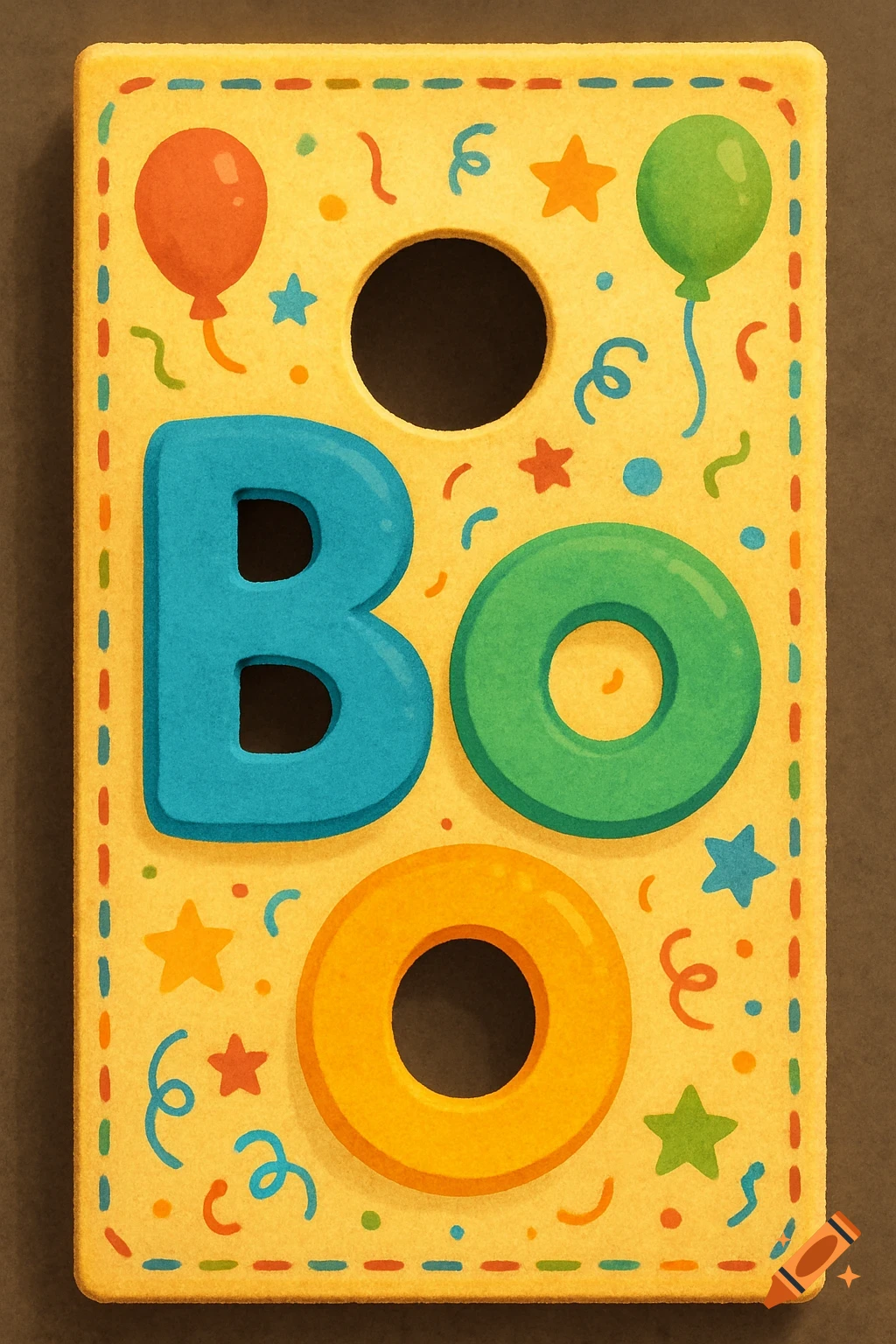 A colorful wooden cornhole board design with cut-out letters B and O, a circular hole, and a second O, decorated with balloons, stars, and confetti.