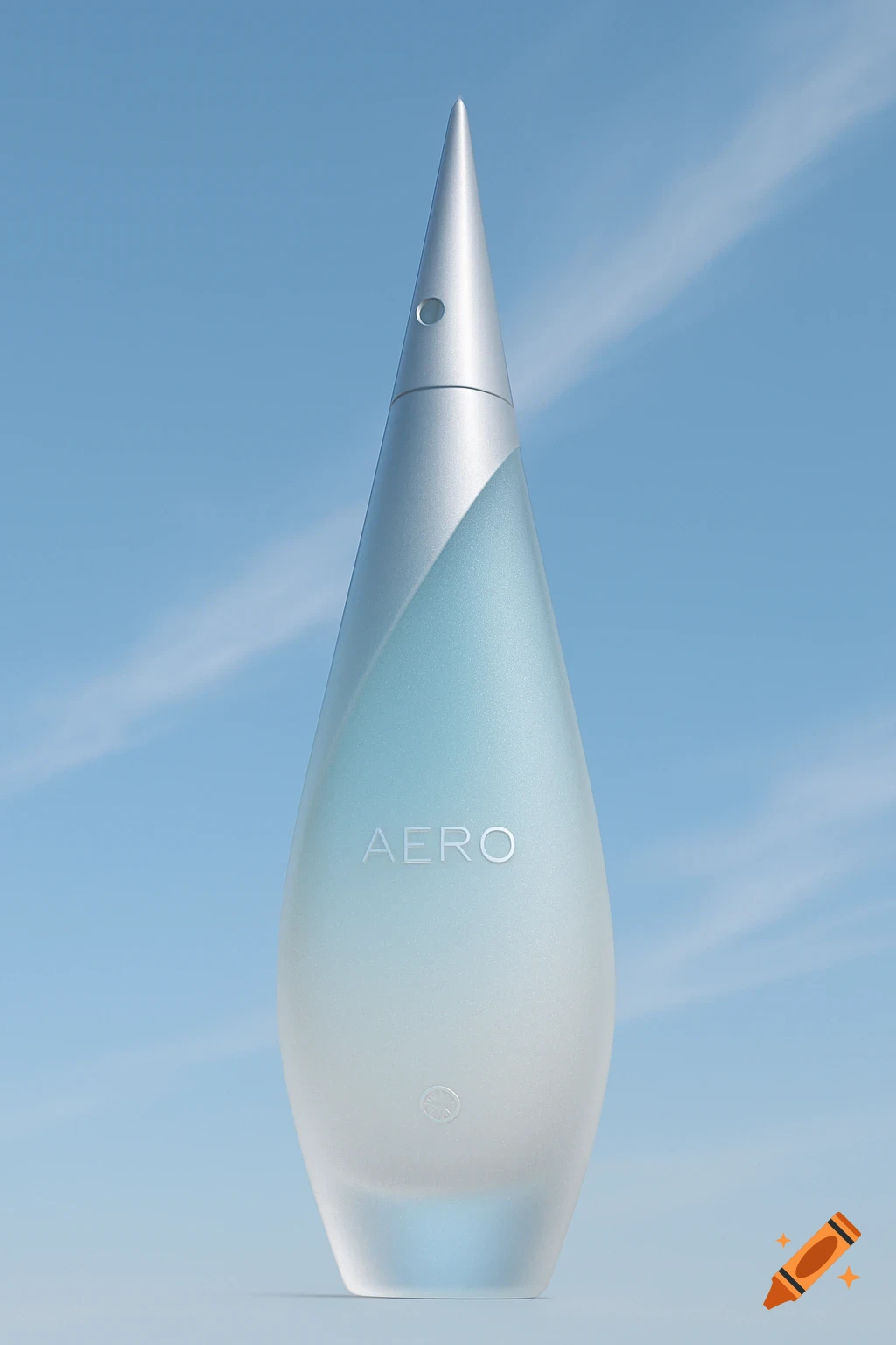 Minimalist perfume bottle with frosted blue-to-white gradient body and silver conical cap against a blue sky.