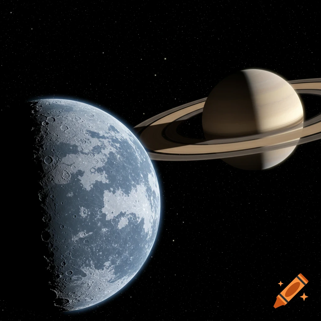A cratered moon in the foreground with Saturn and its rings visible in the background against a starry sky.