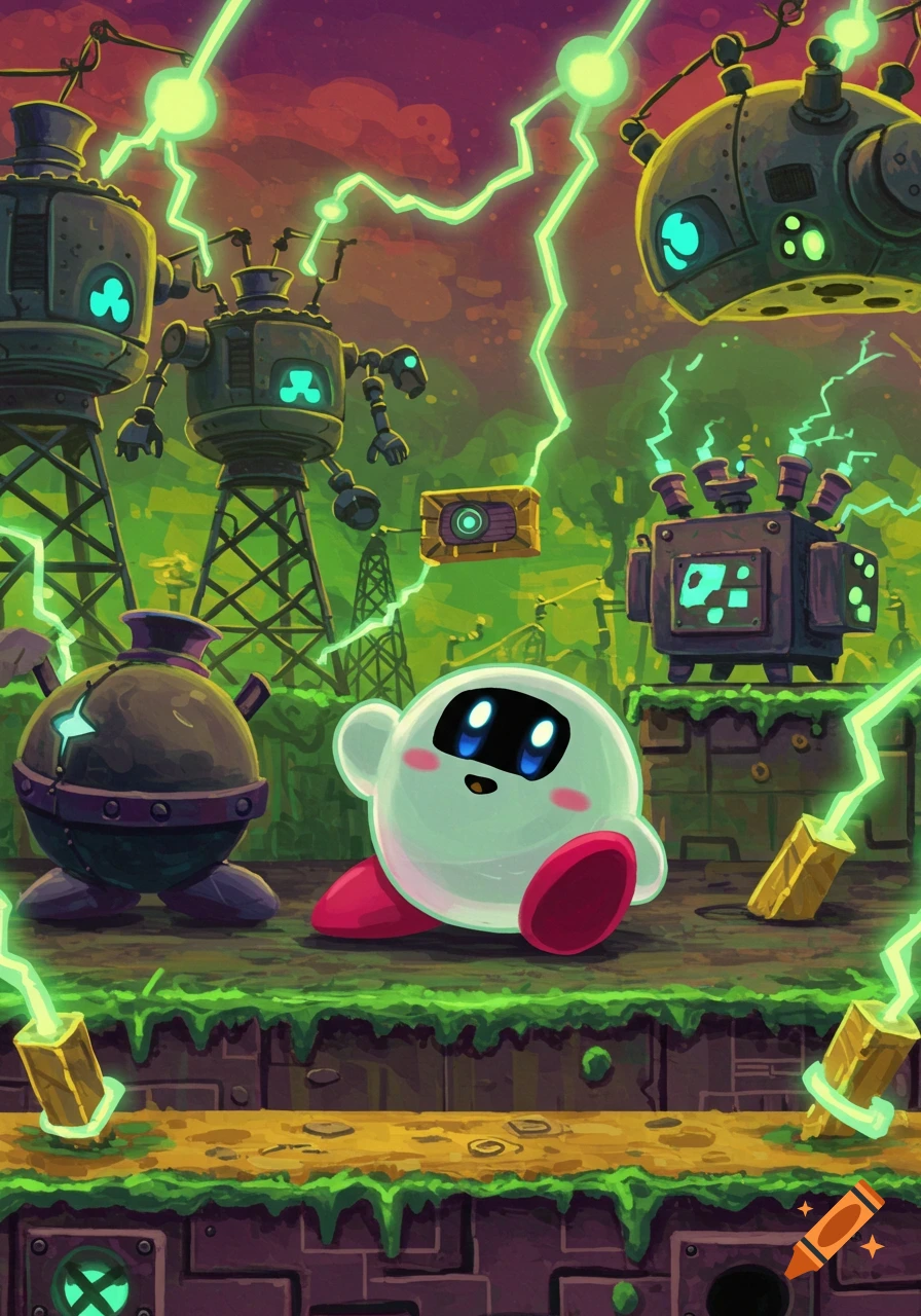A white, robotic Kirby-like character sits in a vibrant, green, high-voltage industrial landscape with glowing lightning and robots.