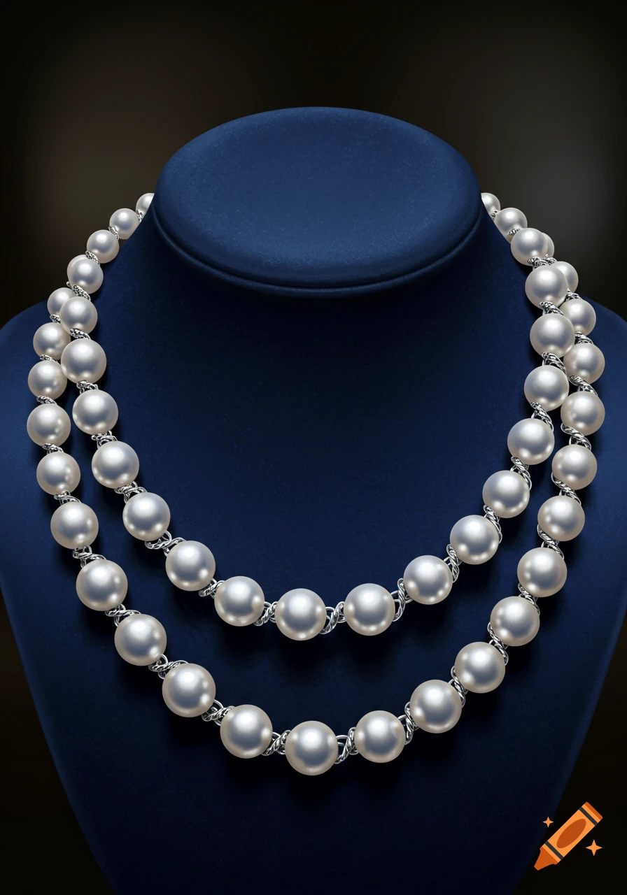 A double-layered pearl necklace with wire links displayed on a blue velvet stand against a dark background.