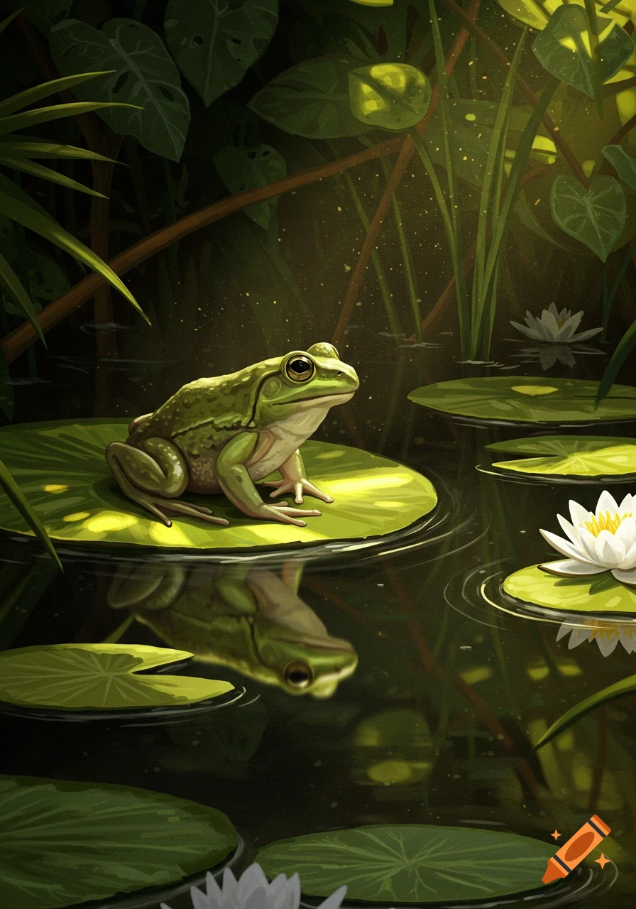 A green frog sits on a lily pad in a pond surrounded by lush plants and water lilies, with light filtering through the leaves.