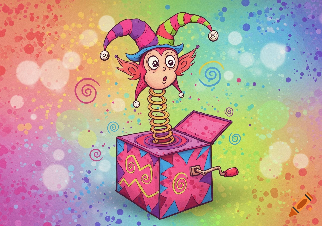 A colorful, psychedelic Dr. Seuss style jack-in-the-box with a monkey-like creature wearing a jester hat popping out of a pink box against a rainbow speckled background.