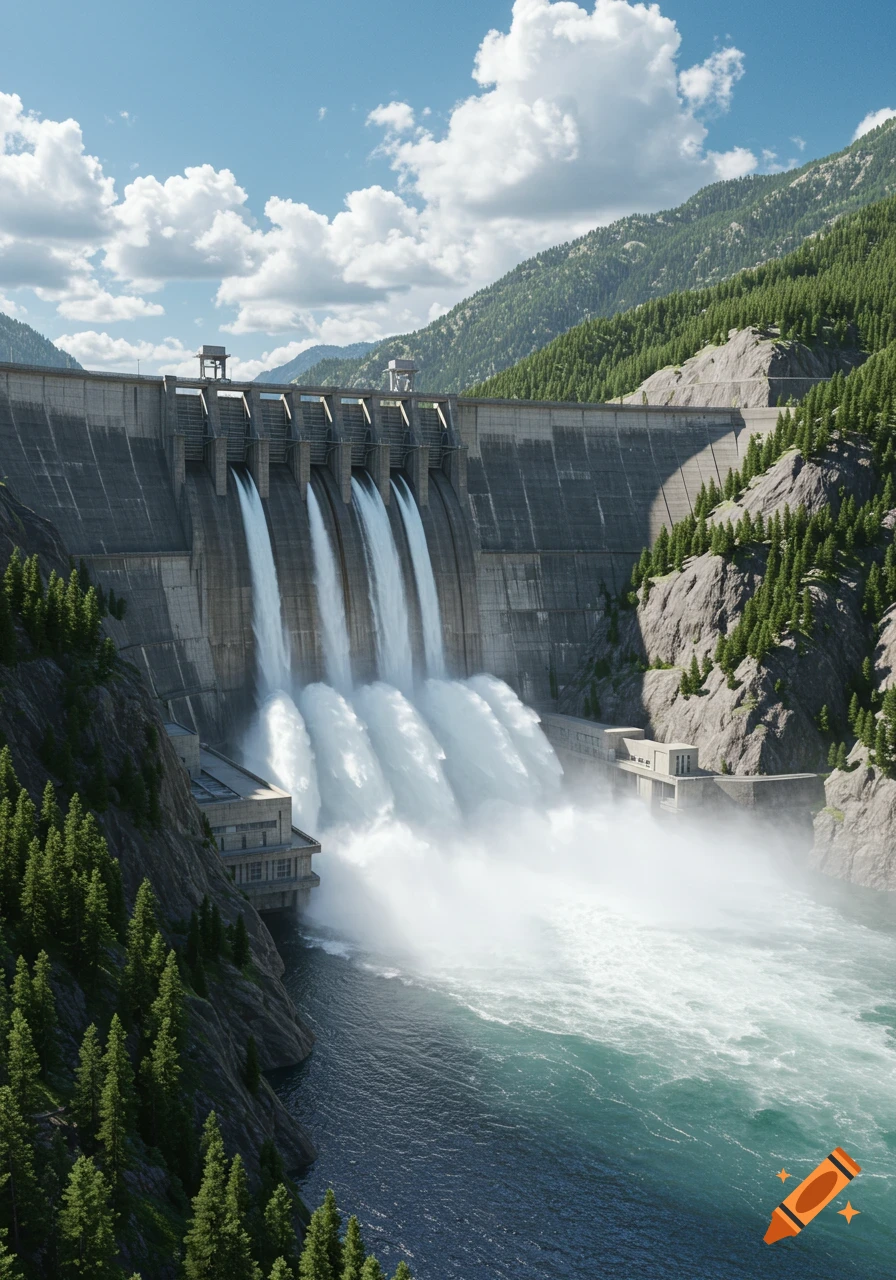 A photorealistic vertical shot of a large concrete dam releasing water from multiple gates into a churning river, nestled among lush green, forested mountains under a bright blue sky with white clouds.