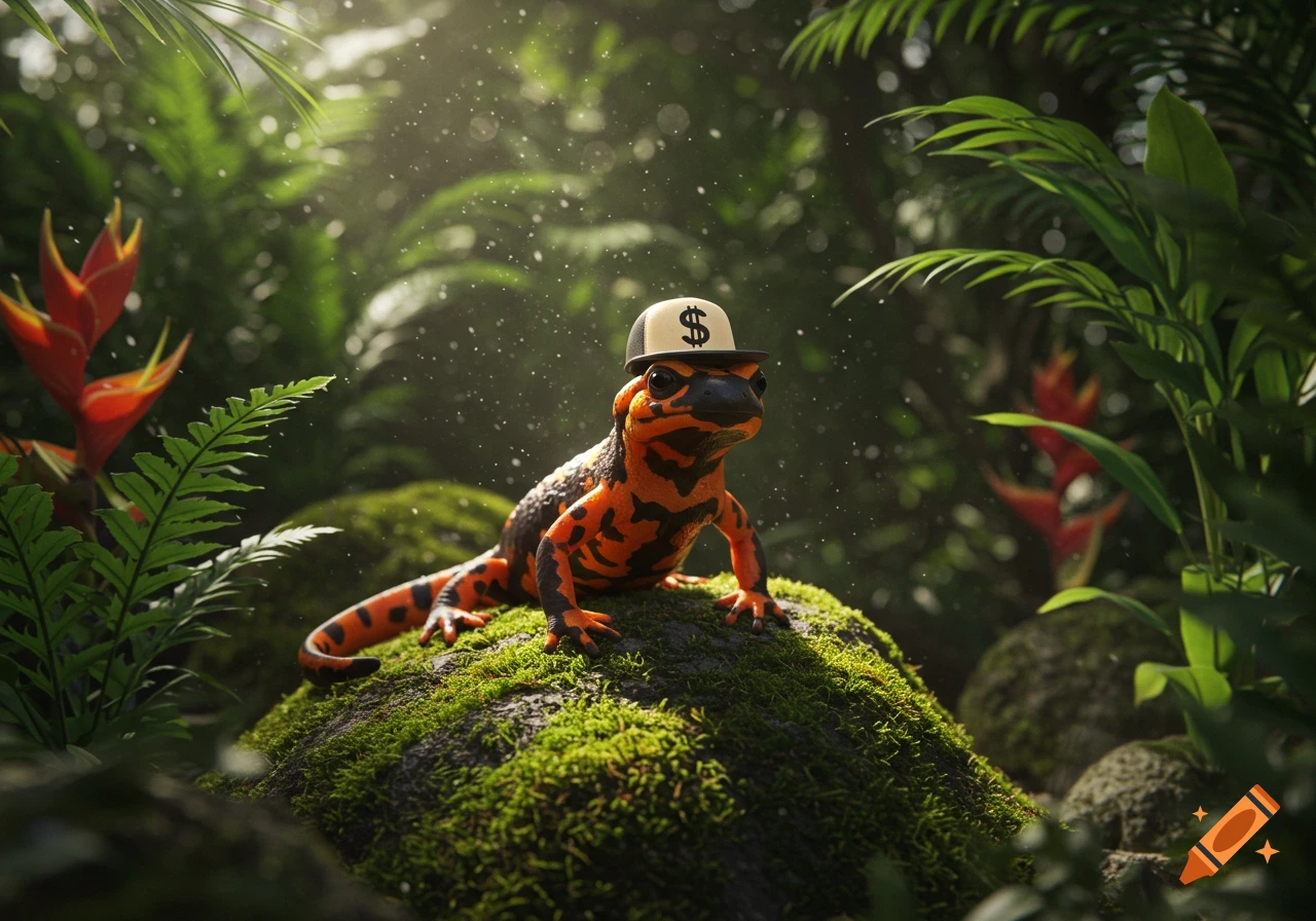 Photorealistic image of a black and orange salamander wearing a dollar sign hat, perched on moss in a lush jungle.