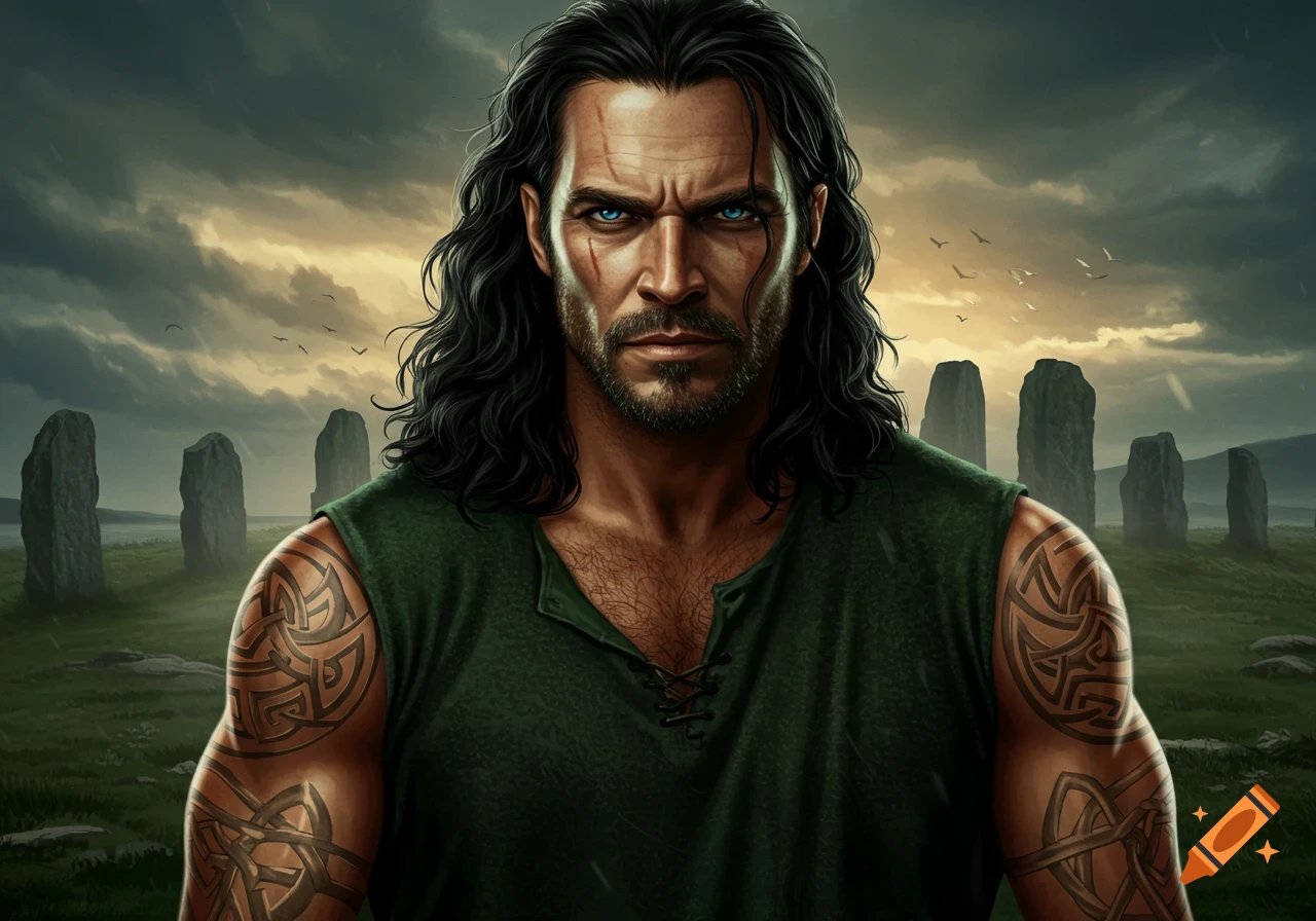 A rugged man with long black hair, blue eyes, and scars, wearing a green tunic and Celtic tattoos, stands before ancient standing stones under a stormy sky.
