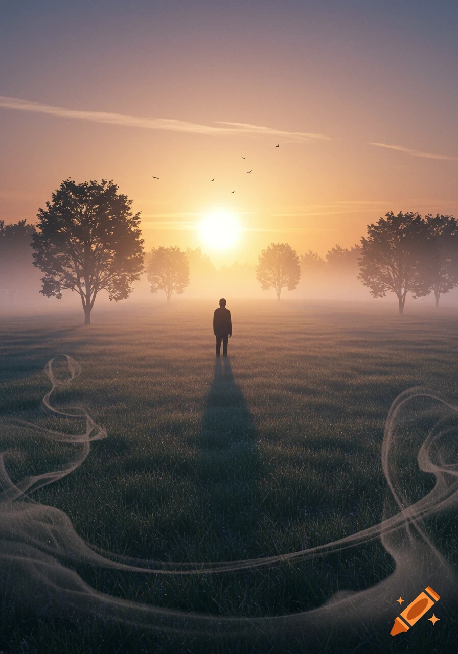 A solitary figure stands in a misty, grassy field at sunrise, with large trees silhouetted against the bright sun and ethereal wisps curling from the ground.