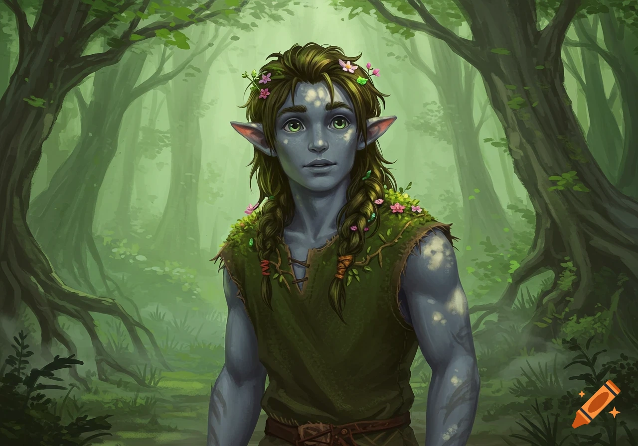 A young male firbolg with grey skin, long green-brown hair with flowers and braids, wearing a leaf-like tunic, stands in a misty forest.