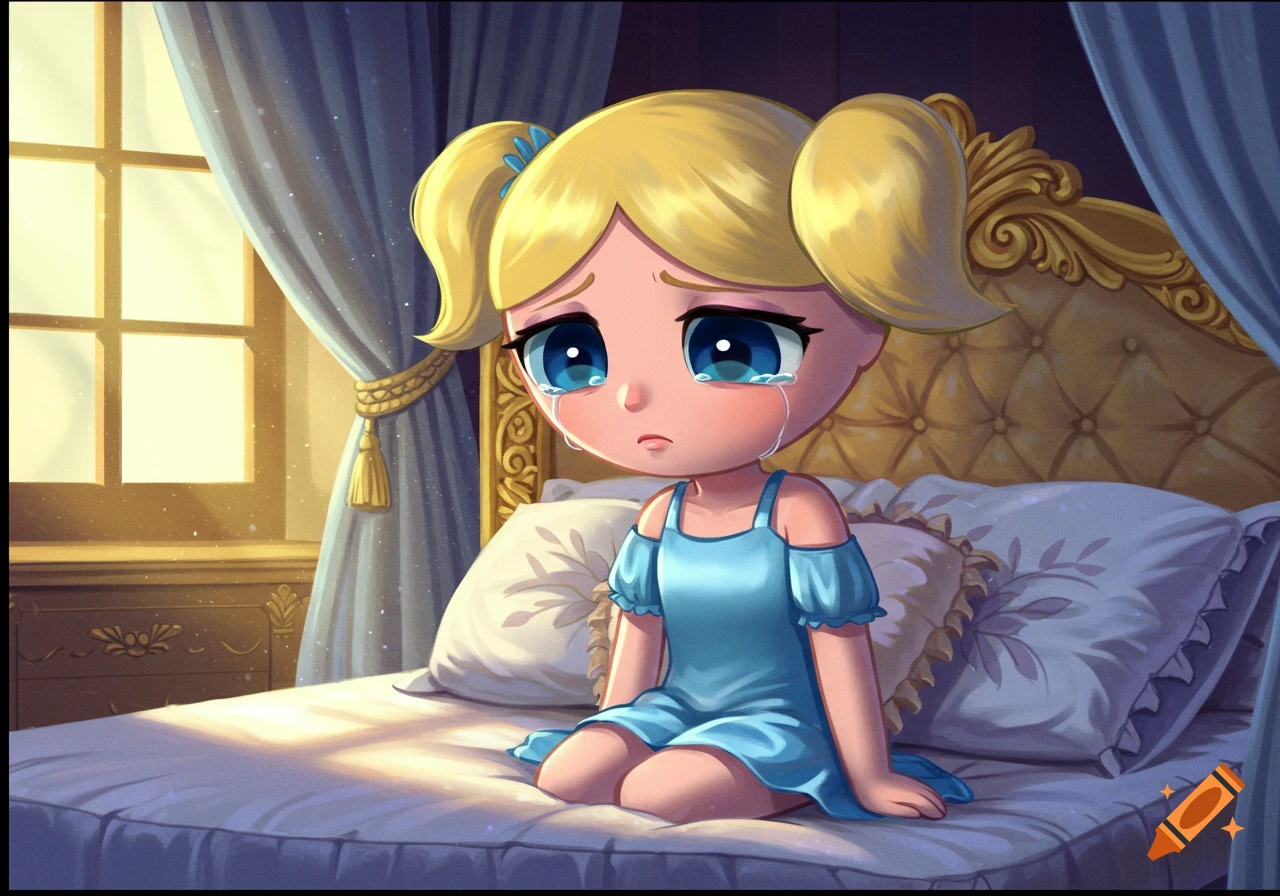 Bubbles from Powerpuff Girls, with blond pigtails and a blue dress, sits crying on a bed with a golden headboard in a sunlit room.