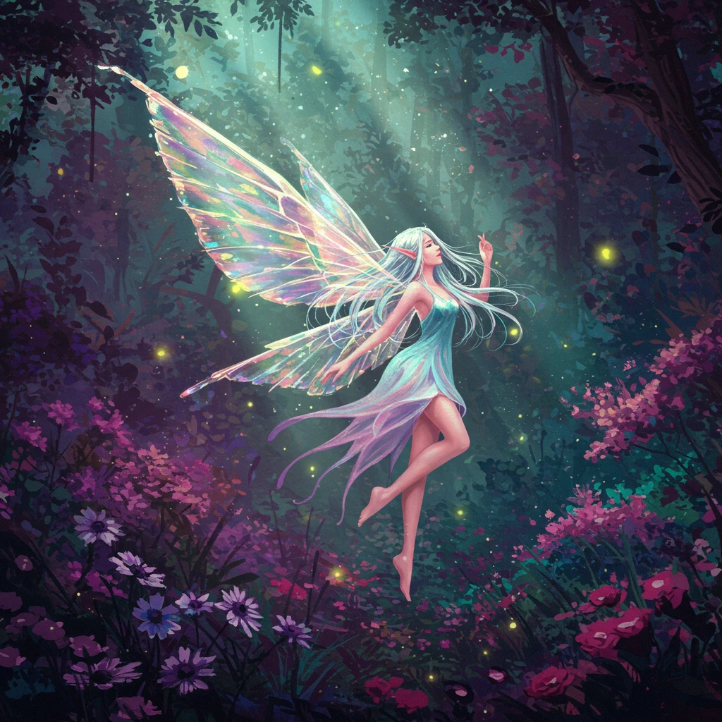 A beautiful fairy with iridescent, glowing wings floats gracefully in a mystical, lush forest with vibrant purple flowers and dappled light.