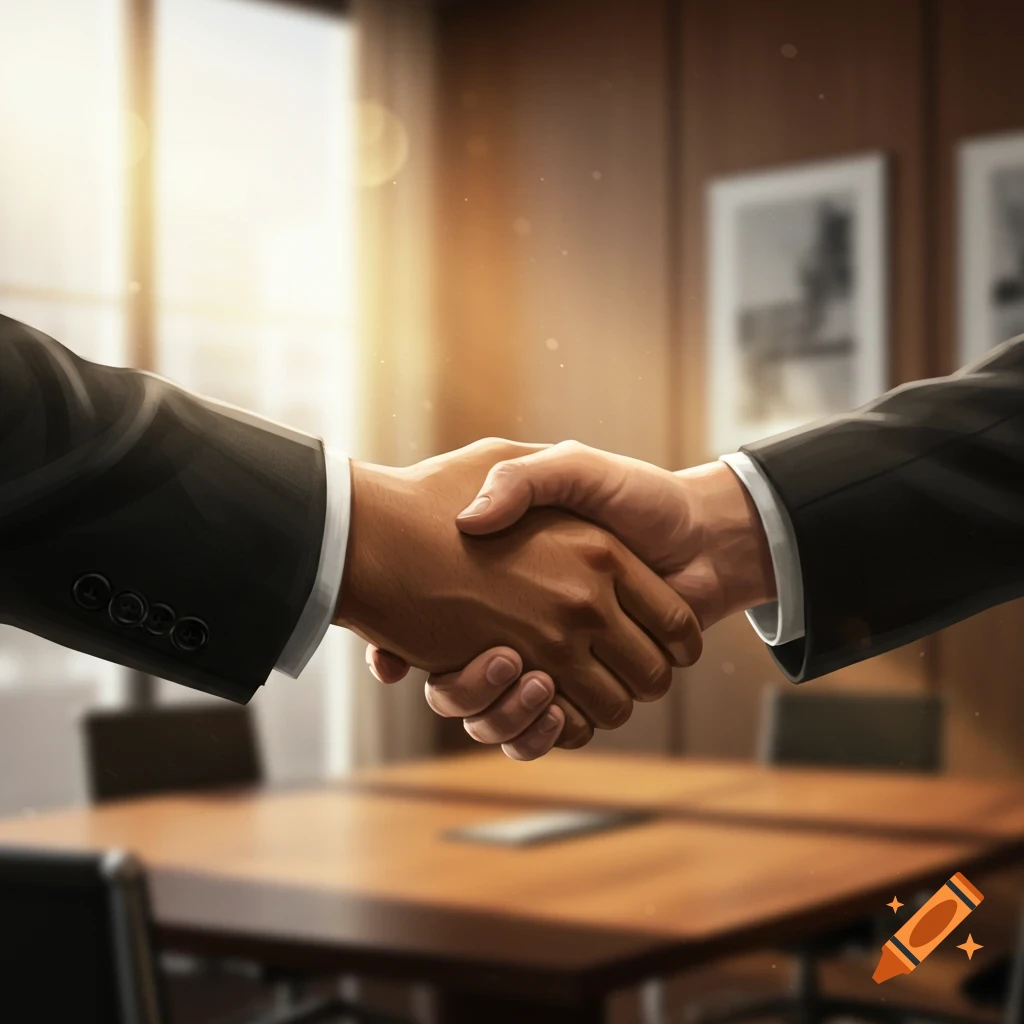 Two people in suits shake hands in a sunlit office, depicted in a realistic painterly style.