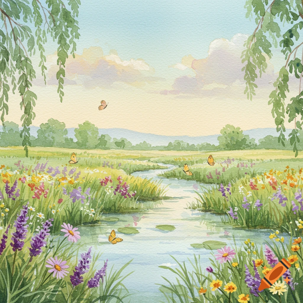A watercolor painting of a vibrant meadow with a winding stream, colorful wildflowers, butterflies, and weeping willow branches.