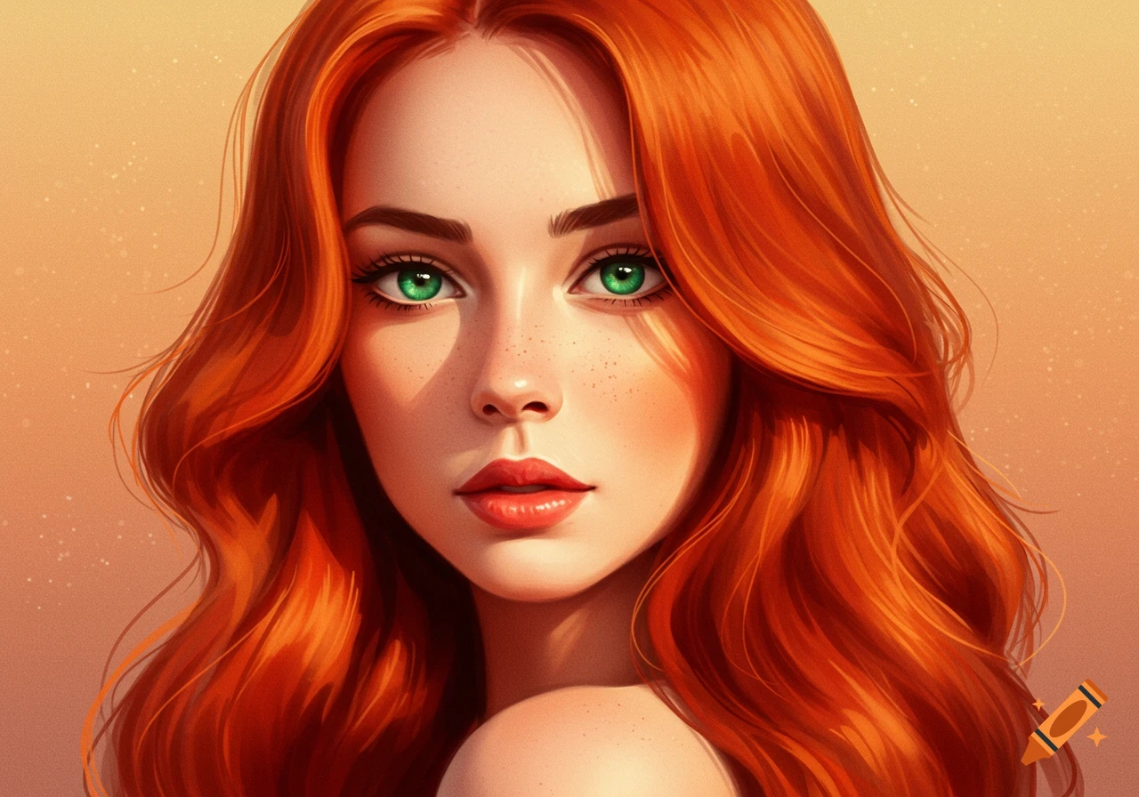 A stylized digital art portrait of a woman with vibrant red hair, freckles, and striking green eyes, against a warm background.