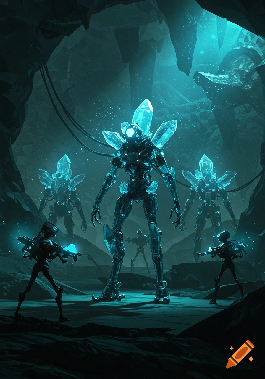 Several crystalline robot constructs in a dark, glowing blue cave. Two smaller robots with guns face a large central robot, with other large robots in the background.