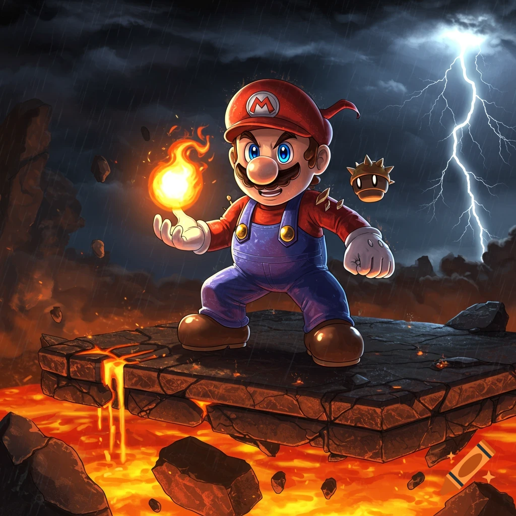 Heroic Mario in anime style, holding a fireball, standing on a platform over lava with a stormy, lightning-filled sky.