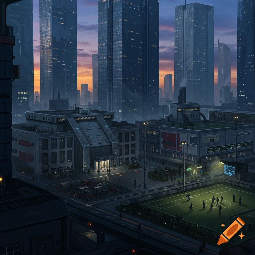 An aerial view of a futuristic city with tall skyscrapers, illuminated buildings, and a lit-up soccer field at dusk.