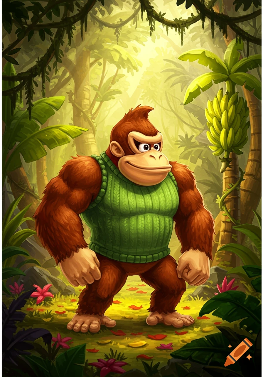 Cartoon Donkey Kong in a green sweater stands in a vibrant jungle with large leaves and hanging vines.