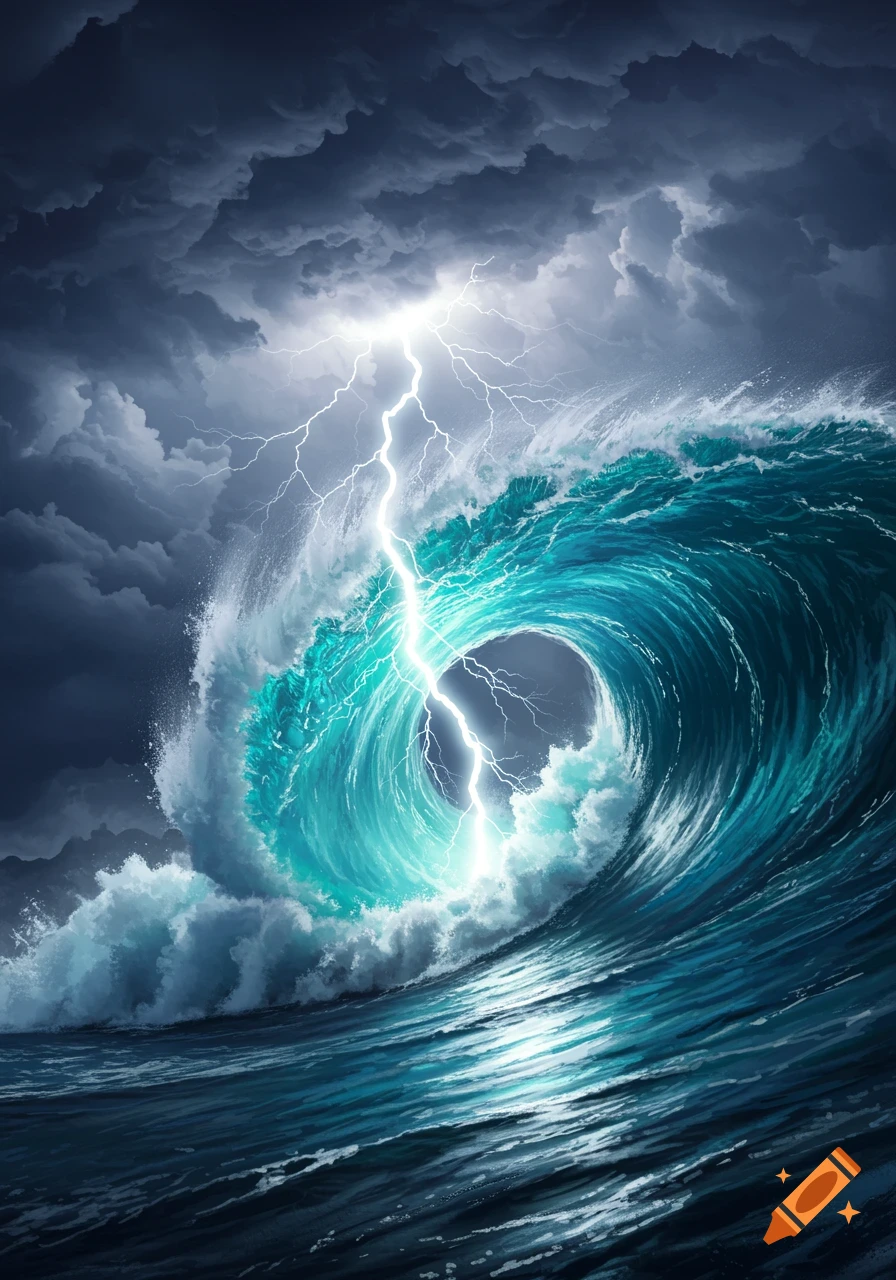 A dramatic scene of a large turquoise wave with a lightning bolt striking through it under a dark, stormy sky.