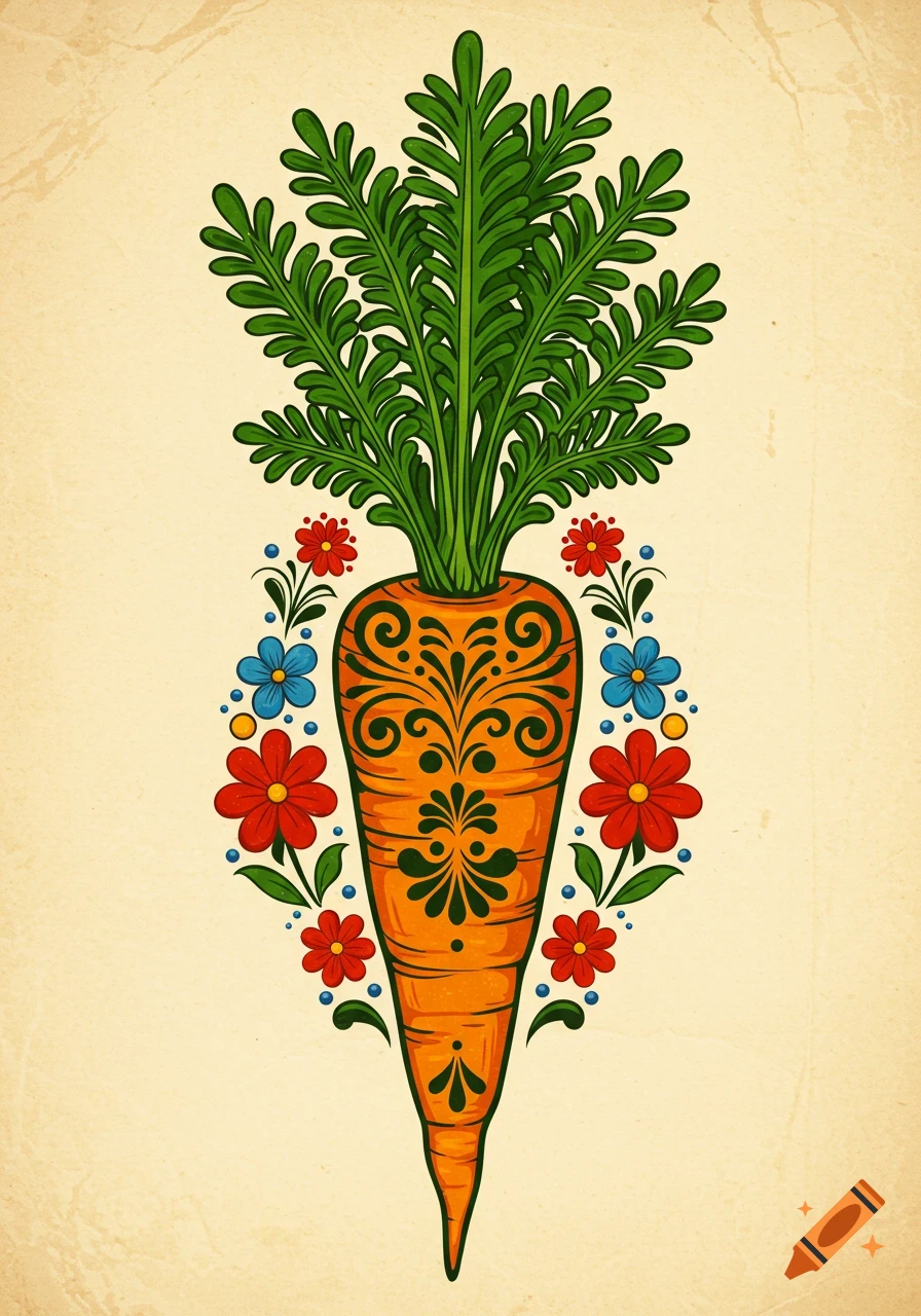Stylized illustration of an orange carrot with green leaves, adorned with black swirls and surrounded by red and blue flowers, in Polish folk art style.